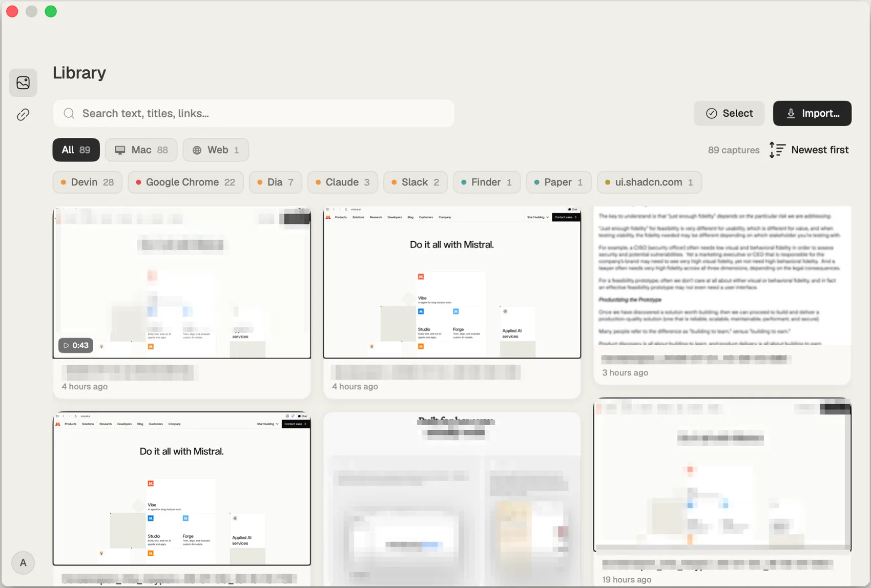 The library, with captures laid out and searchable